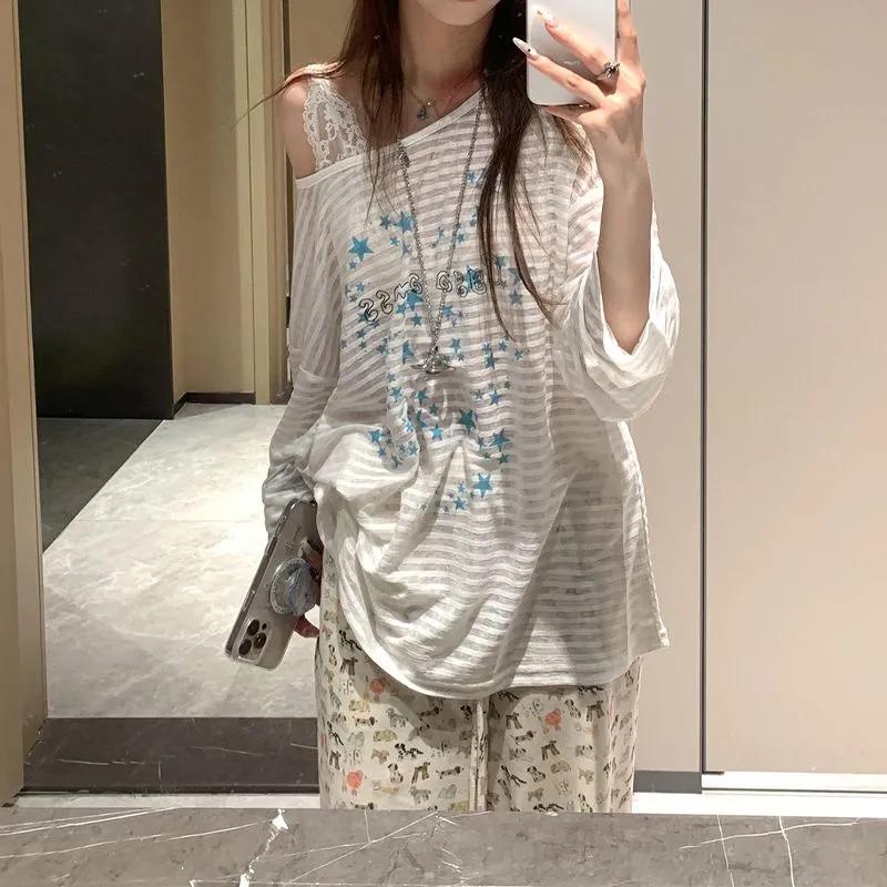 

Women s Cold Shoulder Striped Star Print Long Sleeve Loose Blouse S