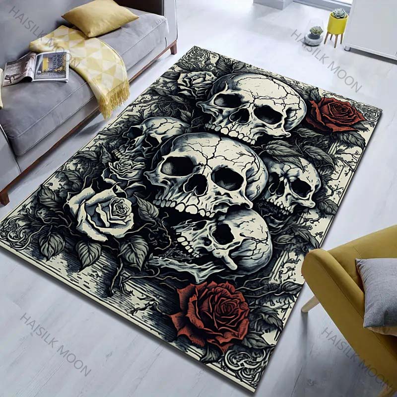 Personalized Skull Roses Art Print Carpet for Living Room Bedroom Bedside Sofa Table Floor Mat Home Area Rug Decor Large Size