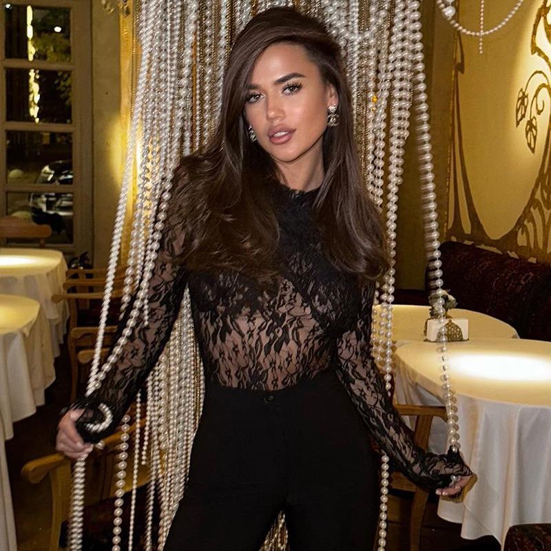 Fashion See Through Lace Round Neck Sexy T-shirt Women Cross Wrapped Chest Flare Sleeve T Shirts Woman Elegant Street Slim Fit Lady Tee Tops 26137