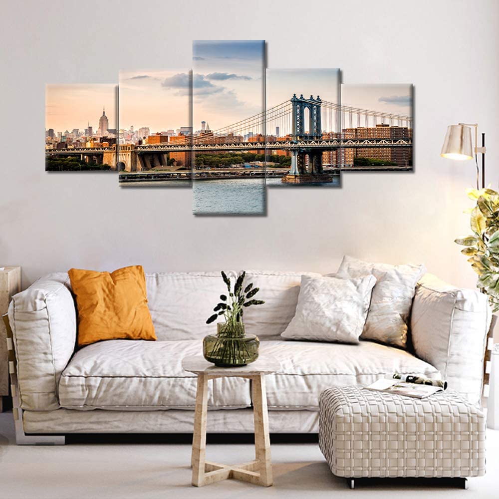 5Pcs Manhattan Bridge Paintings New York City Skyline Pictures Wall Poster Home Decor 5 Panel Room Decor Canvas Art HD Print