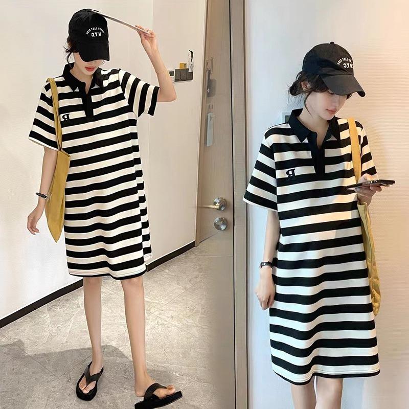 Fairy Striped Polo Maternity Summer Dress - Loose, Retro-Style for Comfort and Elegance