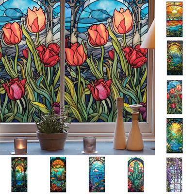 Window Glass Film Colorful Vintage Glass Window Decal Sticker Kitchen Bedroom Glass Door Home