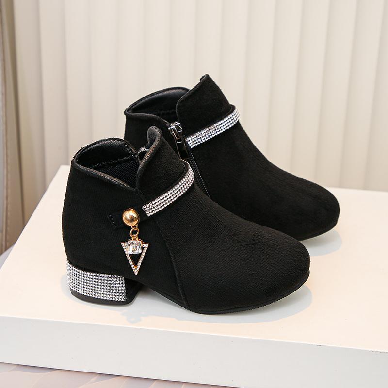 Girls Black Velvet Short Boots with Rhinestone Detail Autumn Kids Ankle Boots Elastic Cuff High Heel School Dance Shoes