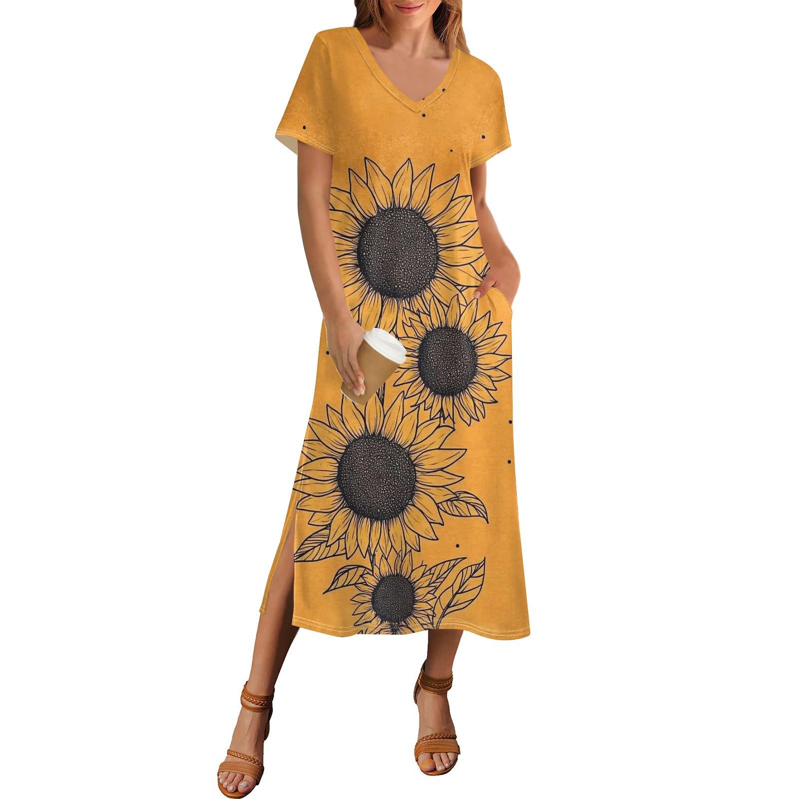 

Women s Summer Polka Dot Print Dress Short Sleeve Beach Dress With Pocket Casual V-neck Hem Side Slit Dress XL жёлтый