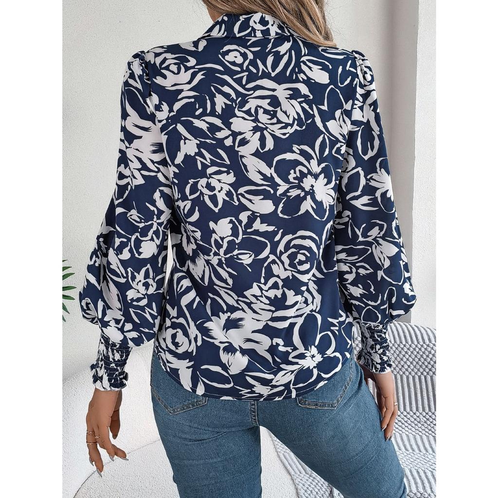 GMXIA Autumn Winter Color Flower Lantern Sleeve Lapel Shirt for Women's Autumn and Winter
