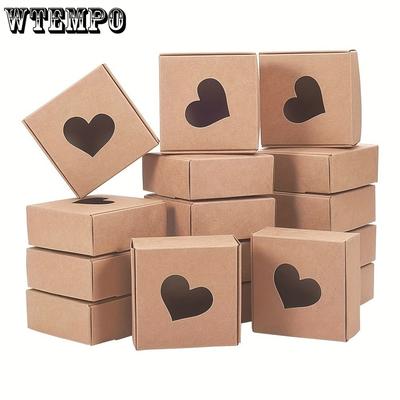 25pcs Kraft Paper Box with Hollow Out Heart Pattern Square Gift Packaging Box Candy Box Small Gift Box