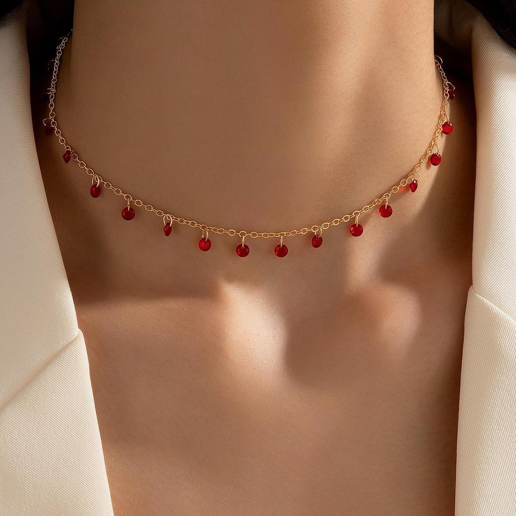 French Retro Colored Zircon Stone Pendant Choker Necklace for Women Fresh Style Versatile Daily Collarbone Short Necklace