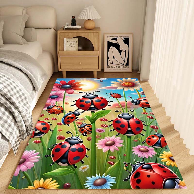 Niedlicher Cartoon Marienkäfer Druck Teppich, Geeignet für Wohnzimmer, Schlafzimmer, Sofa, Couchtisch, Boden und Als Luxusgeschenk.