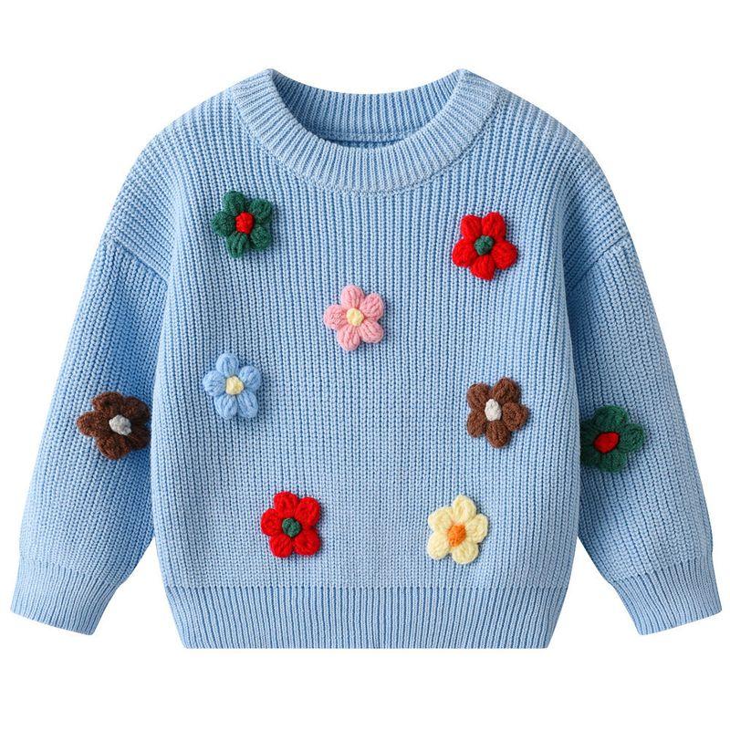 Autumn and Winter Children's Knitted Sweater, Cute Handmade Floral Cardigan for Girls, Long-Sleeved Round-Neck Jacket