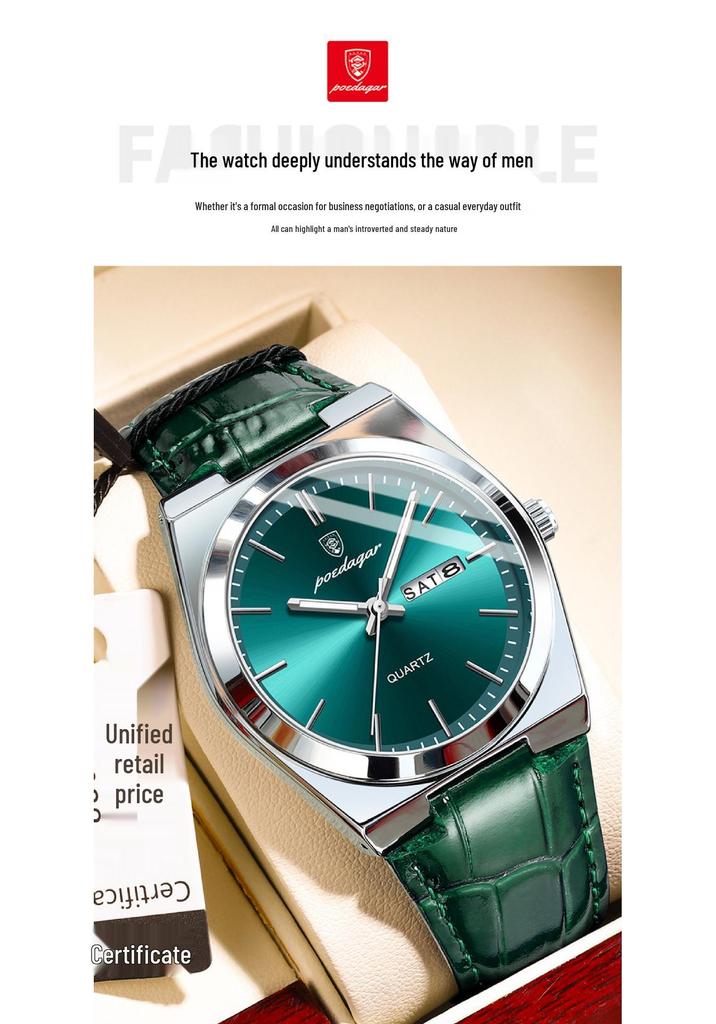 POEDAGAR Men's Ultra-Thin Dual Calendar Quartz Watch with Leather Strap - Trendy Fashion Wristwatch