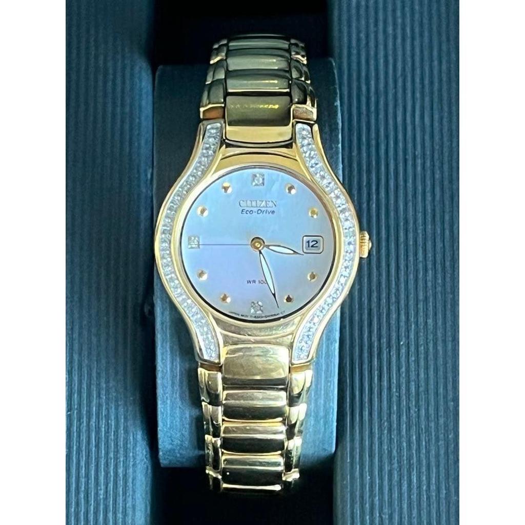 Used Citizen Eco-Drive Diamond Watch Gold Color Box with Instruction Manual