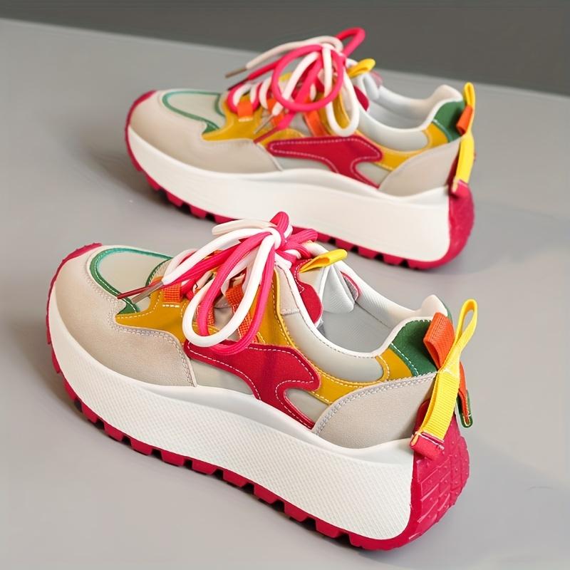 Women's Fashion Sneakers | Colorful Striped Low-Top Lace-Up Casual Shoes with Thick PVC Sole, Synthetic Upper & Comfortable Fabric Lining