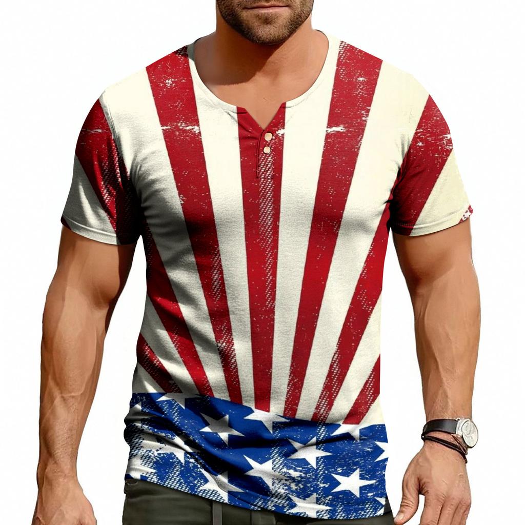 Men's Casual Summer V-neck Short Sleeved Top With Buttons, Independent Day Print Short Sleeved Top