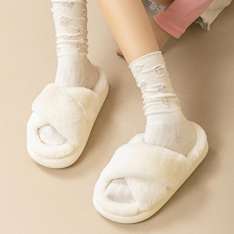 Internet Celebrity Fairy Hair Slippers Autumn and Winter Indoor Home Thick Bottom Non-slip Versatile Cross Plush Warm Cotton Slippers