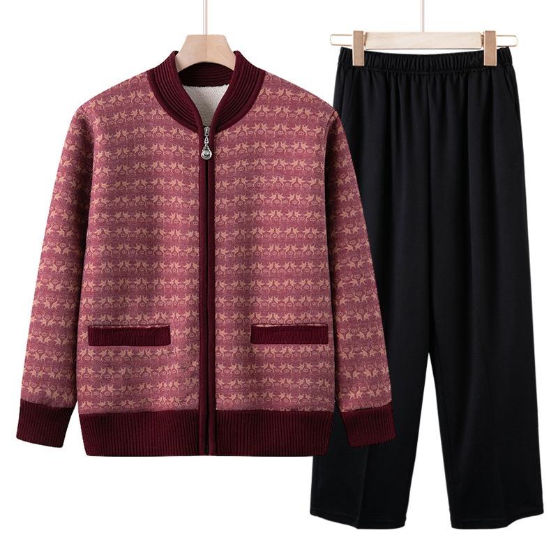 Mom's Autumn and Winter New Plush Top Medium Women's Cardigan Sweater Middle-aged and Elderly Casual Foreign Jacket