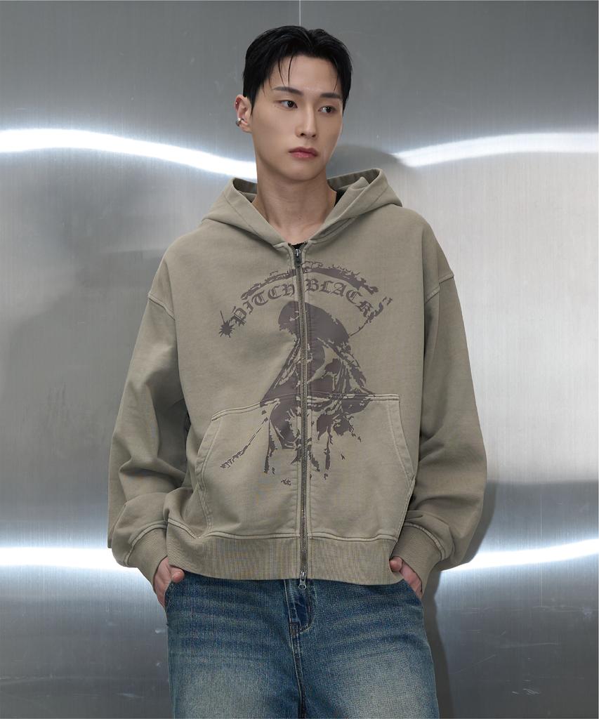 Pitchblack Vintage Pigment Printing Hood Zip Up (Beige)