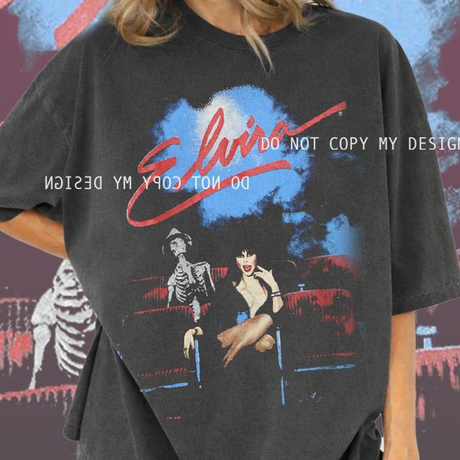 Horror Movie Elvira Skeleton Graphic T-Shirt – Vintage Concert Tee - Mistress of the Dark XL