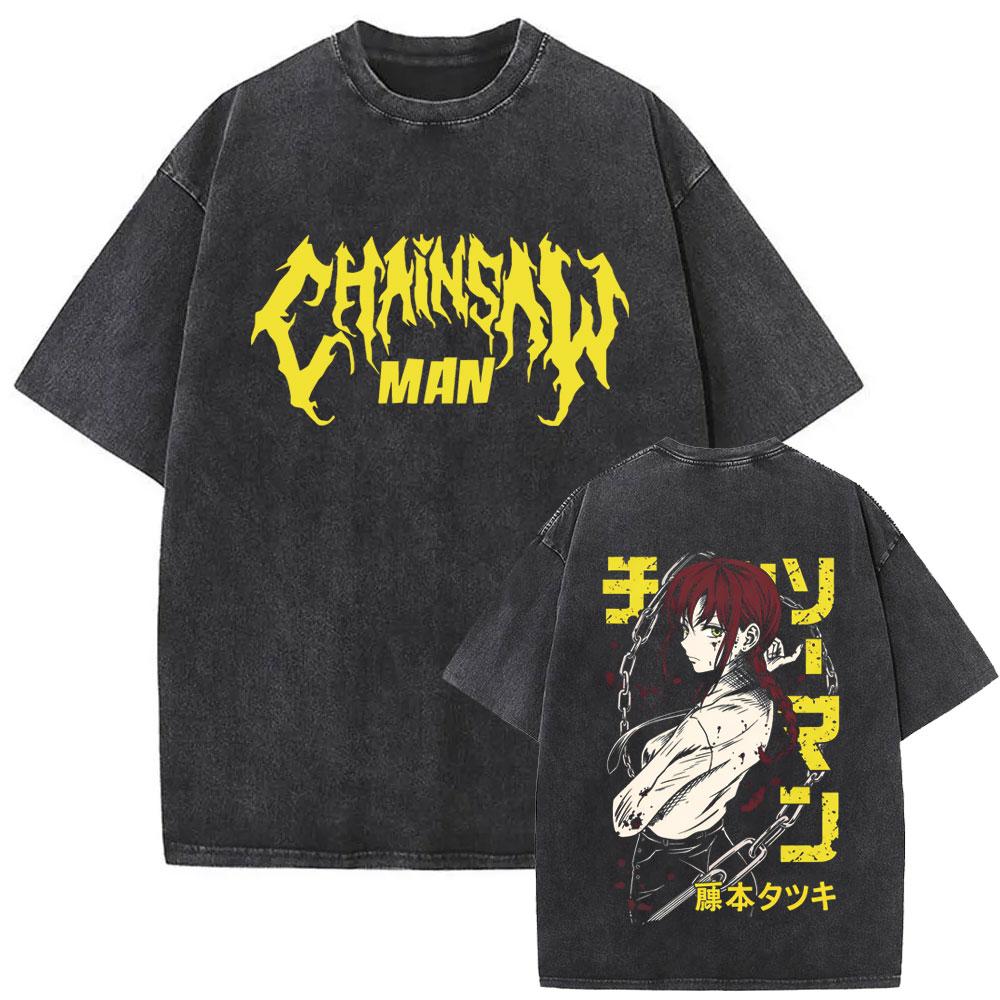 Anime Chainsaw Man Washed Retro T-shirt Cartoon Makima Graphic T Shirts Men Women Manga Vintage Oversized T-shirts Streetwear