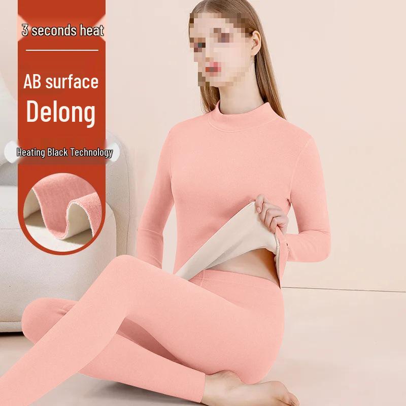 Women's Fleece-Lined Thermal Underwear Set - Semi-High Neck, Thick Base Layer for Autumn & Winter