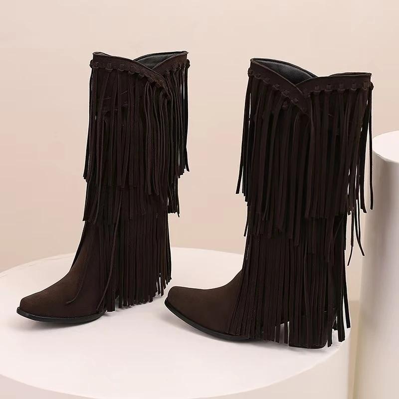 Large Size 45 Women Retro Ethnic Western Cowboy Boots Block Medium Heels Tassel Fringe Kneehigh Boot Lady Winter Shoes