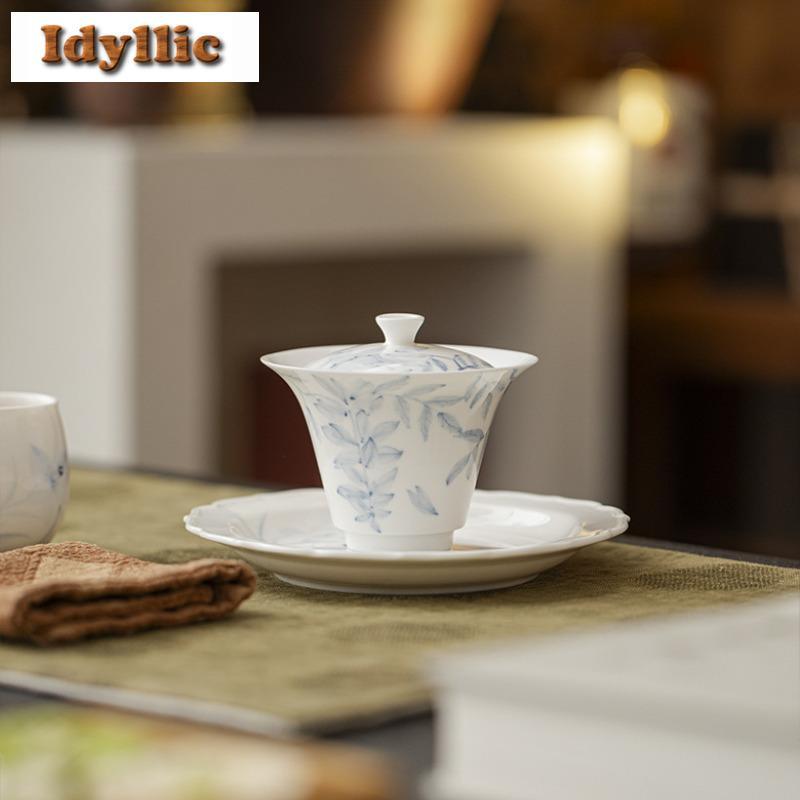 120ml Hand-painted Wisteria Flower Gaiwan Handmade Tea Tureen Tea Bowl With Lid Kit Tea Brewing Cover Bowl Tea Items Gift Craft