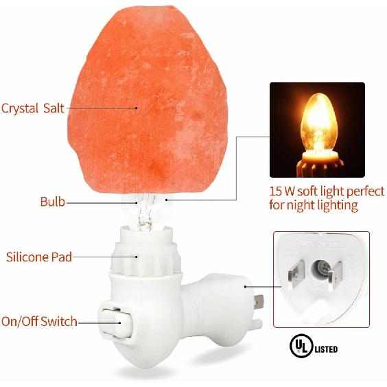 Betus Natural Crystal Himalayan Salt Wall Lamp - Air Purifying Night Light - 360° Rotatable Plug 15W Bulb - Natural