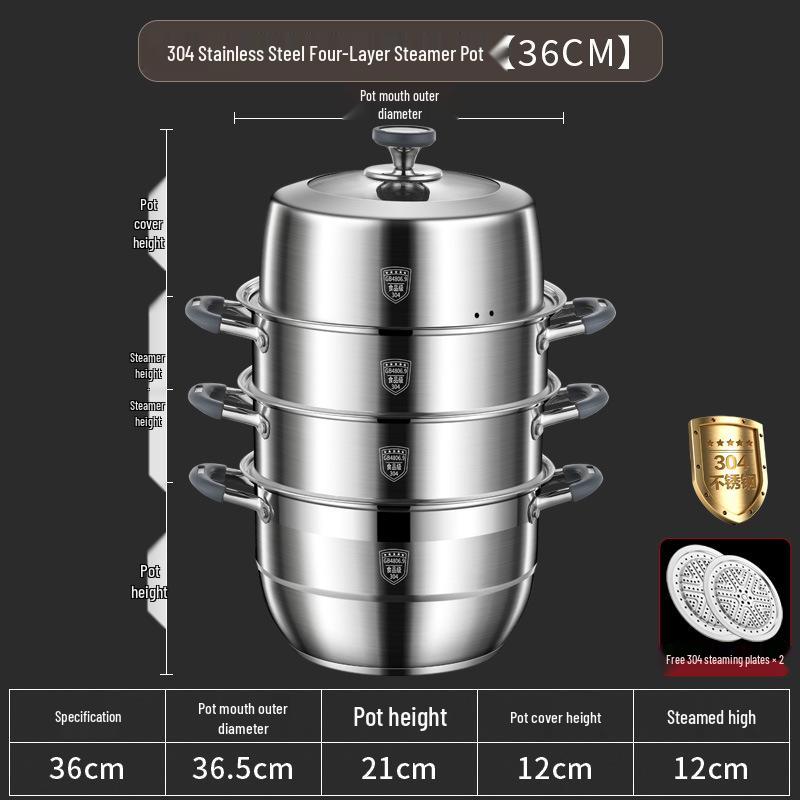 Large Capacity 304 Stainless Steel Steamer Pot with Thickened Multi-Layer Steaming Baskets for Household Use