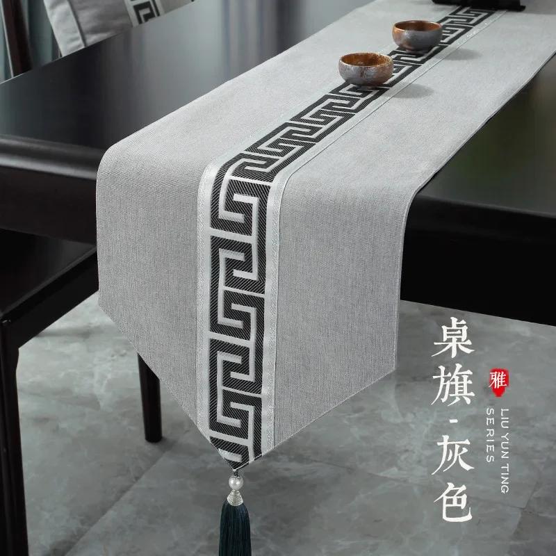 Chinese Style Table Flag Waterproof Oil Resistant Tassel Table Runner Tea House Tea Towels Zen Tea Table Cloth Hotel Bed Flag