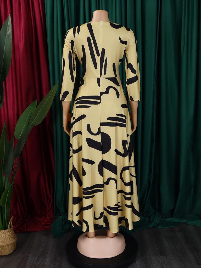 Women's 2024 Spring Lace-up Print African Plus Size Midi Dress