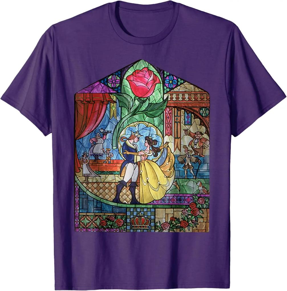 Hot Fashion Casual Beauty and the Beast Enchanted Stained Glass Window T-Shirt S-4XL Four Seasons Unisex