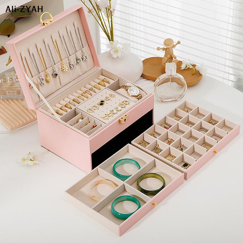 3 Layers Jewelry Organizer Christmas Gift For Lady With Lock Necklace Earring Jewelry Box