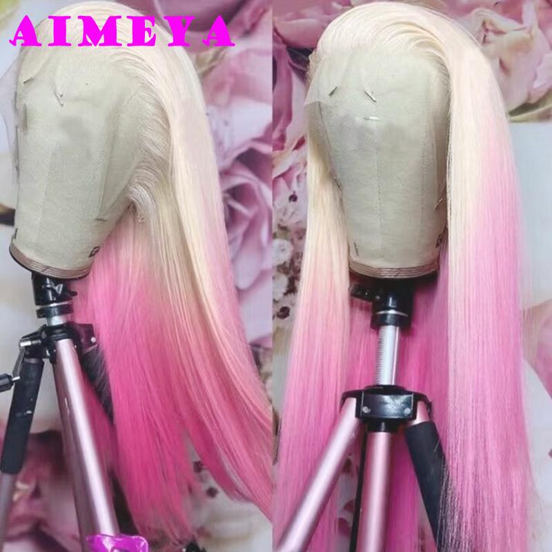 AIMEYA Ombre Pink Synthetic Lace Front Wigs for Women 13x4 Platinum Blonde Roots Pink Wig Long Silky Straight Colorful Wigs