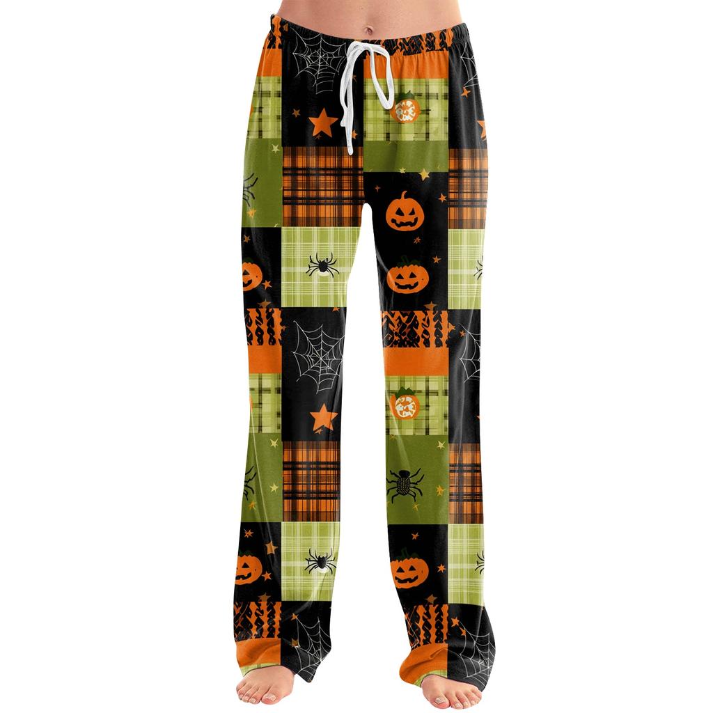 Women's Drawstring Lounge Pants Halloween Print Casual Loose Fit Full Length Elastic Waistband Pajama Bottoms
