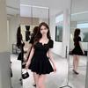 Sexy round neck elastic cotton, pure desire temperament, tight body, hip-wrapped, bottom-up, short sleeves, waist and thin, big swing dress.