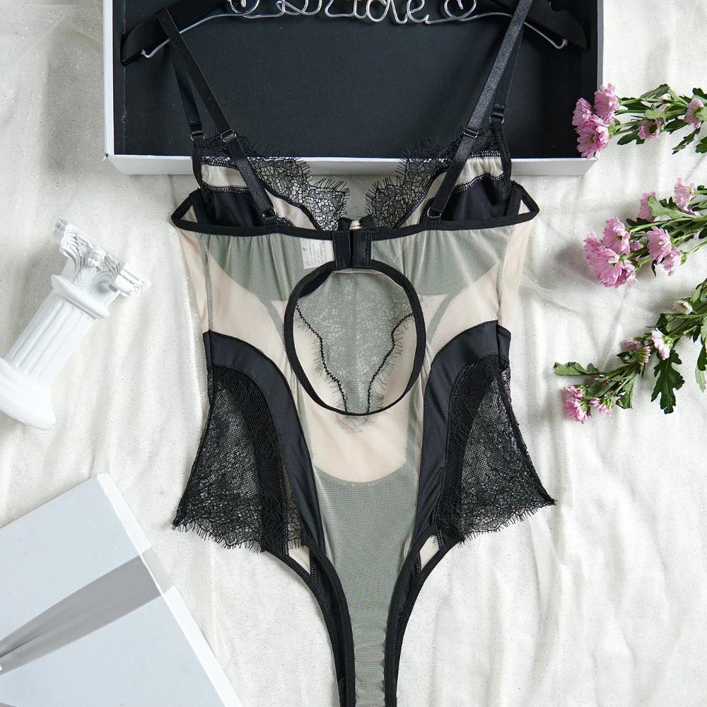 Französisches Ultra-dünnes Damen-Bodysuit-Set Sexy Spitze Stickerei Unterwäsche Atmungsaktives Netz Bodycon Einteiler Verführung Hohl-Jumpsuit