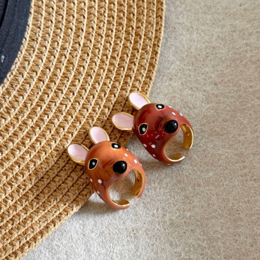 Brown Deer Drip Oil Ring Geometric Chunky Animal Ring Personality Enamel Ring  Gift