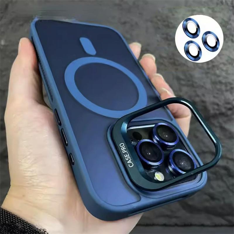 For Magsafe Stand Glass Lens Protection Phone Cases For iPhone 16 15 14 13 12 11 Pro Max Plus Shockproof Matte Magnetic Cover