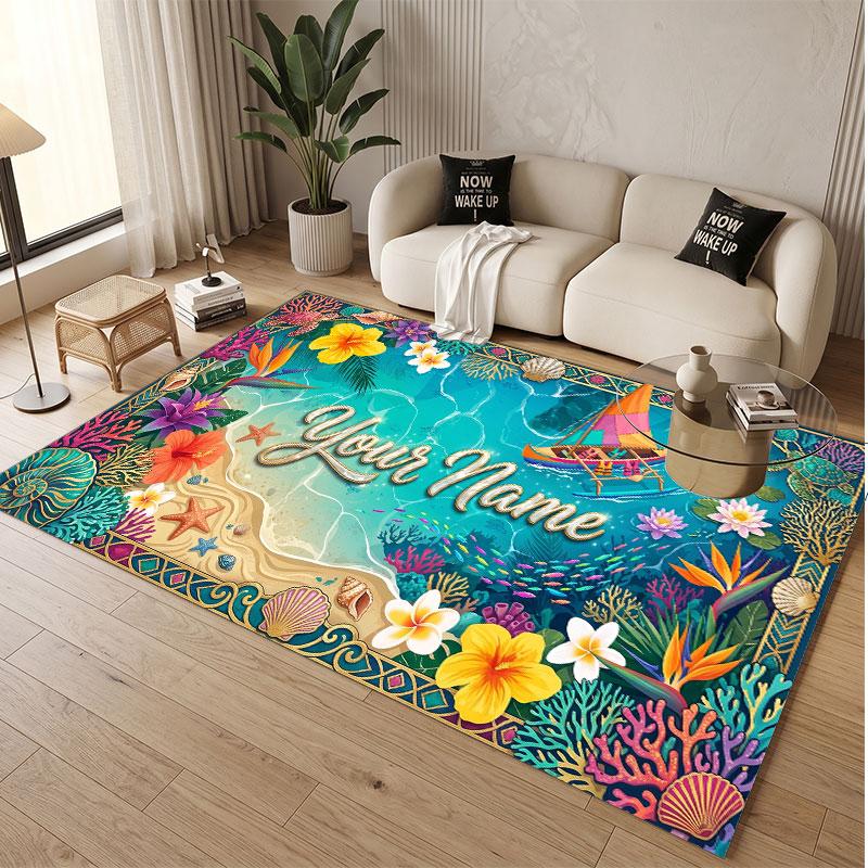 Fish Ocean Theme Soft Crystal Velvet Rug Custom Name & Text Print Non Slip Floor Rug for Bedroom Living Room