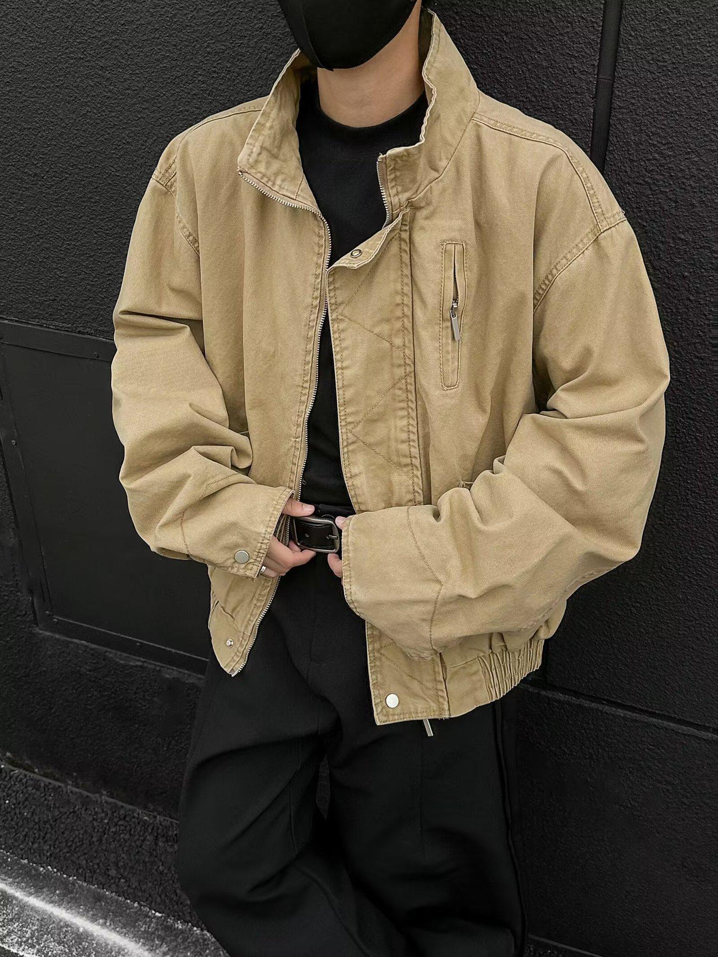 Unisex Retro Khaki Stand-up Collar Workwear Jacket – High-End Fit & Trendy Barn Style M