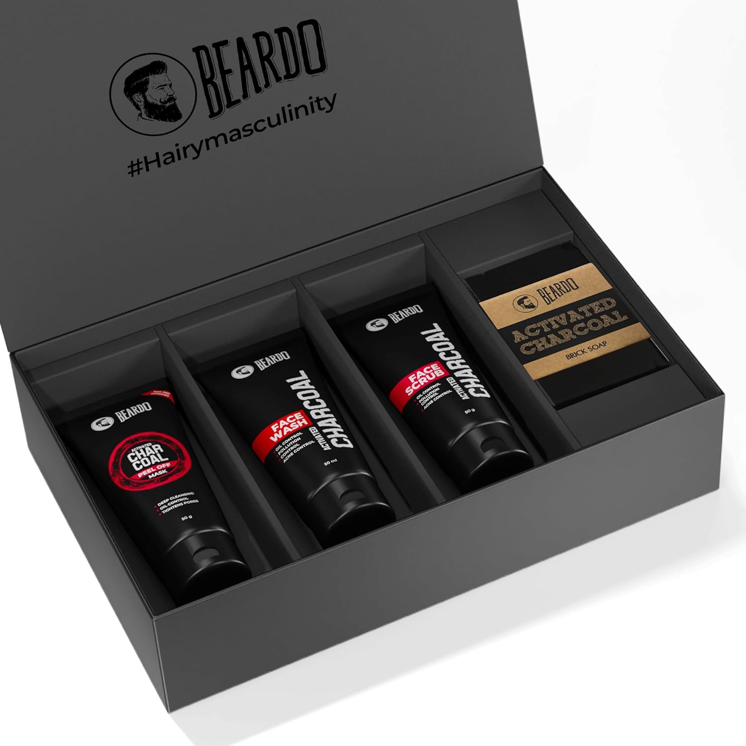 

Beardo Charcoal 4 In 1 Men Grooming Kit Face Wash Scrub Peel Off Mask Soap Deep Clean Skin Care Gift Set Pack
