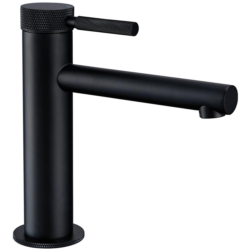Round Fancy Handle Black Brass Deck Mounted Single Holder Hole Basin Hybrid Hot and Cold Water Bathroom Faucet