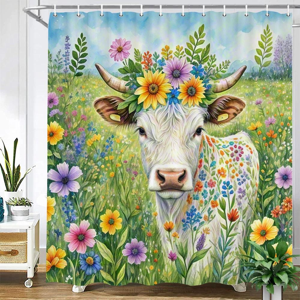 Watercolor Plants And Highland Cow Animal Shower Curtain Print Polyester Waterproof Bathroom Curtains With Hook Decorate Curtain