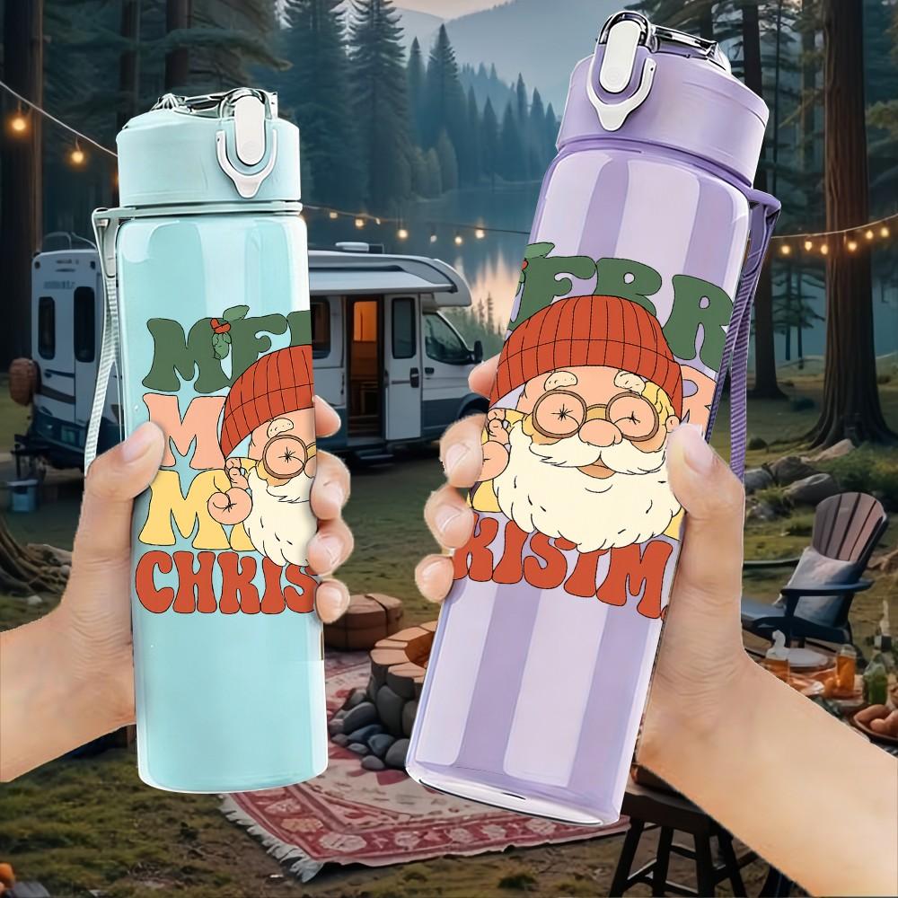 1PC Merry Christmas Santa Grunge Art 750ml Color Plastic Sports Water Bottle Leakproof Flip Straw Lid Suitable for Sports Office Home Use
