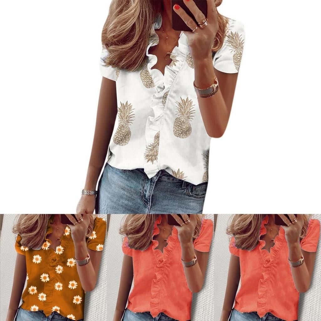 Stylish Women's V Neck Ruffle Short Sleeve T Shirt With Fashionable Daisy Print