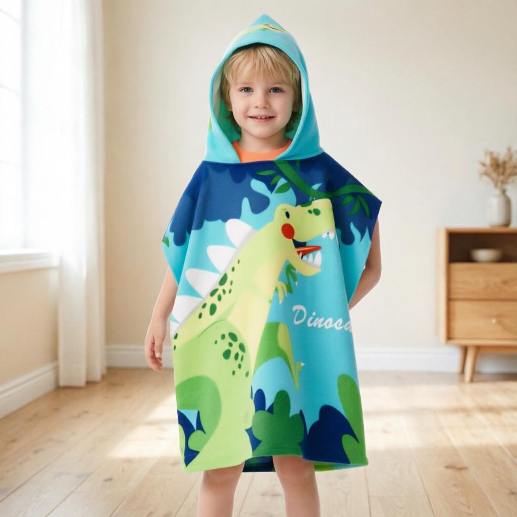 Ultra-Fine Fiber Cartoon Print Kids' Hooded Bath Towel Poncho