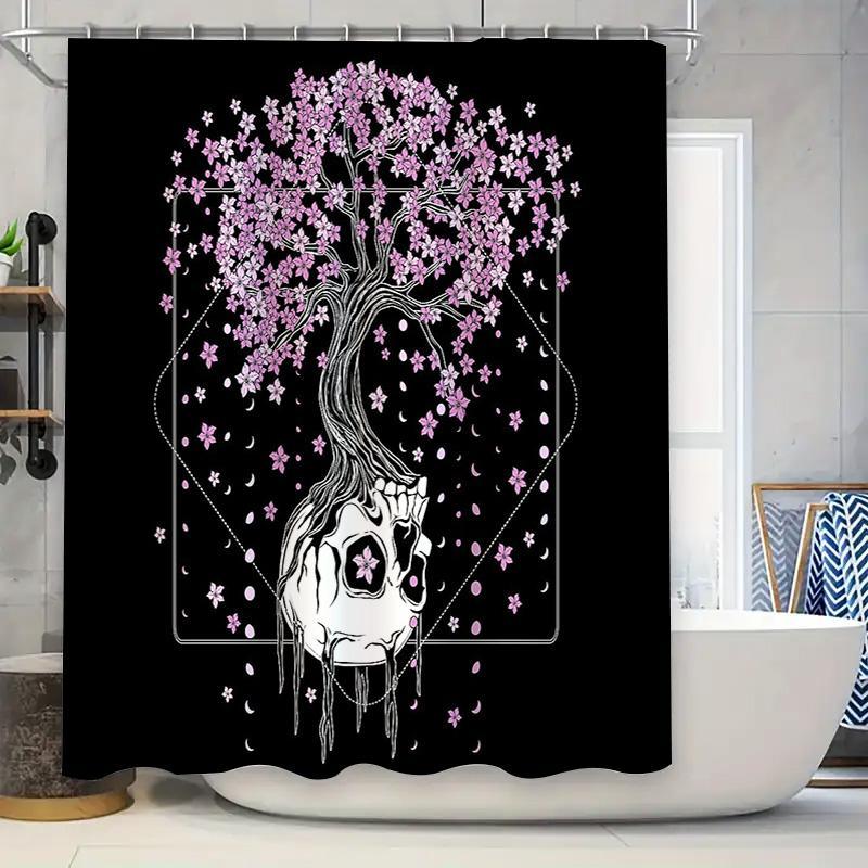 Gothic Skull Cherry Blossom Shower Curtain Dark Floral Macabre Halloween Decor Washable Bathroom Set Vintage Spooky Art W60H190(CM)-1 Pcs