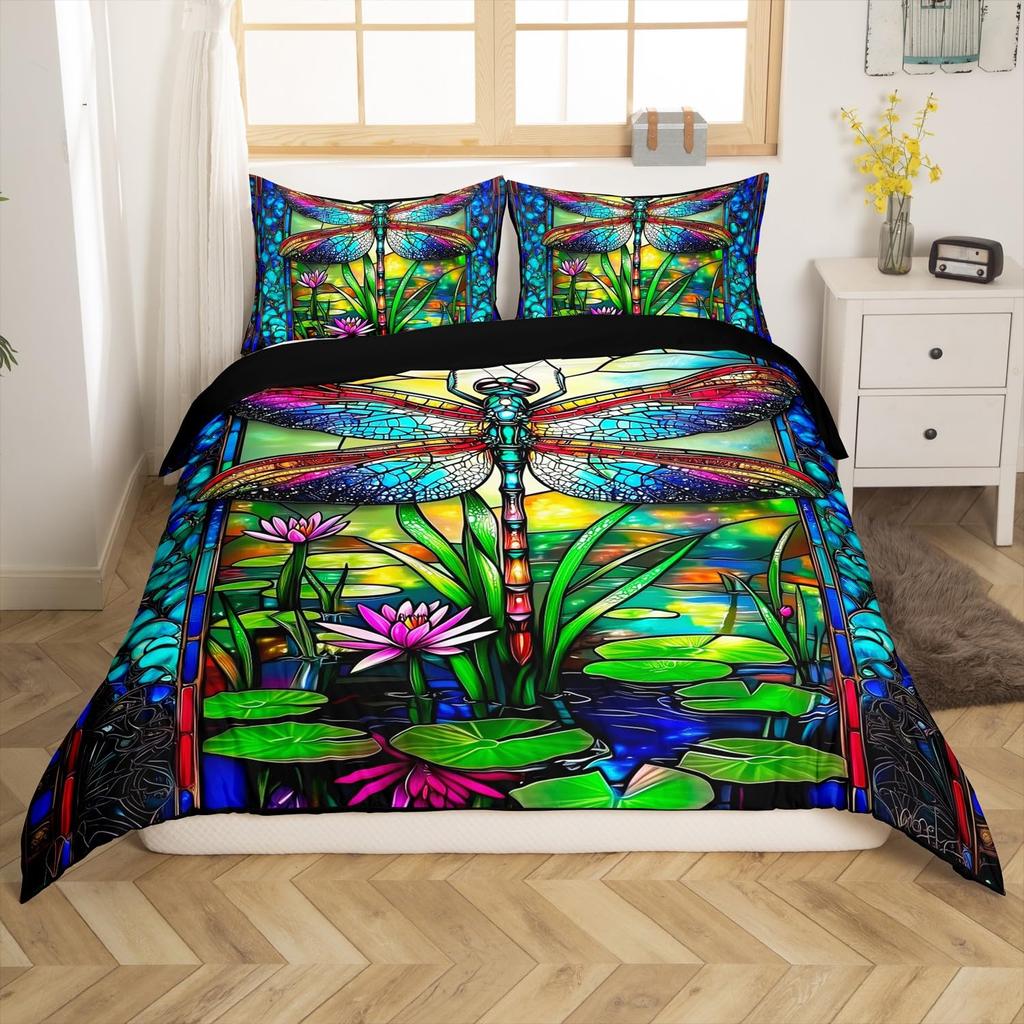 Dragonfly and Lotus Duvet Covers for Kids Teens Lightweight Quilt Covers Blossom Flowers Pond Natural Scenery Animal Bedding Set