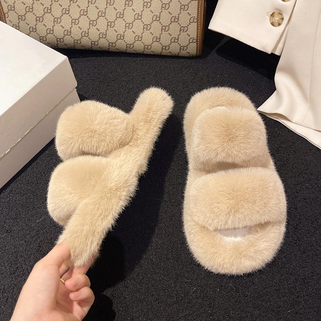 Keep warm at home Mao Mao drag women wear autumn and winter new fashionable thick bottom one-word parallel bar cotton slippers tide