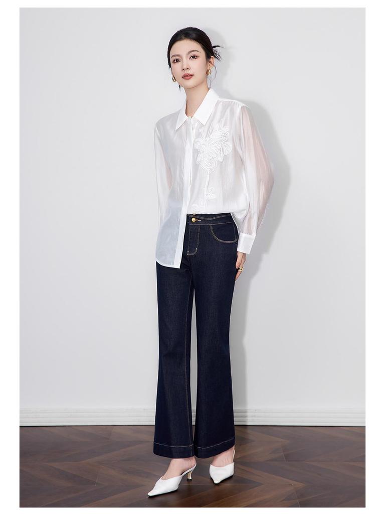 French Embroidered Long Sleeve Shirt with Turn-Down Collar for Early Autumn Women's Fashion.