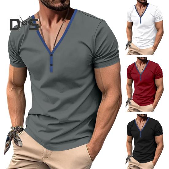 Herren Sommer T-Shirt Kurzarm Geknöpft V-Ausschnitt Kontrastfarbe Slim Fit Lässiger Pullover Mittellanges Oberteil für Outdoor-Sport